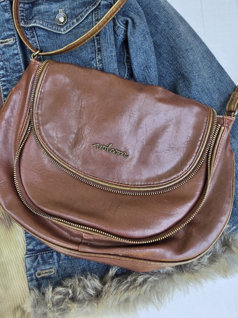 Volcom Cognac Faux Leather Saddle Crossbody Bag Adjustable Strap Purse